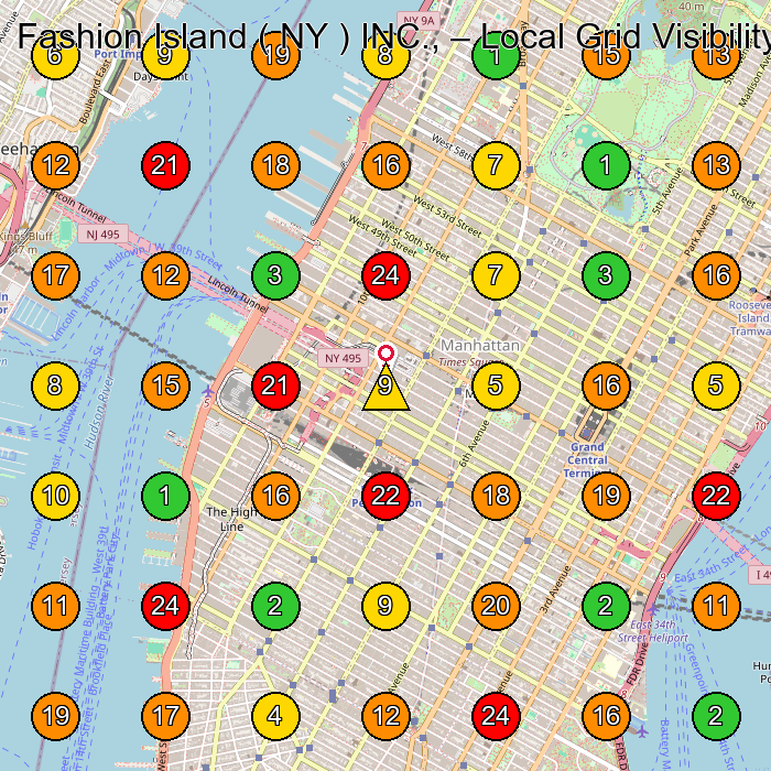 Fashion Island ( NY ) INC., Clothing Store GeoGrid ranking map for New York NY